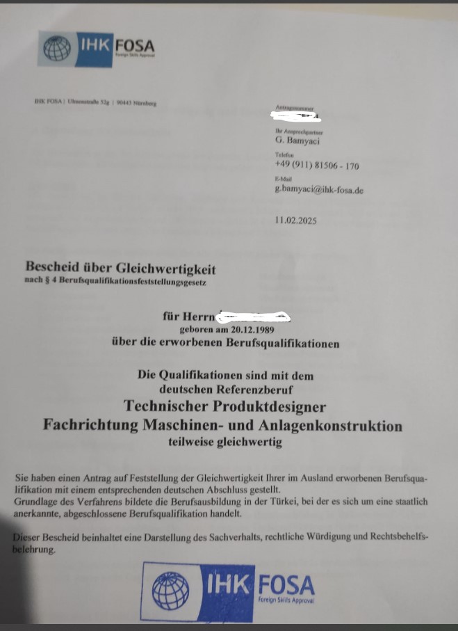 Makine Tesis Mühendisliği ALMANYA Denklik Belgesi Adayımıza Hayırlı olsun